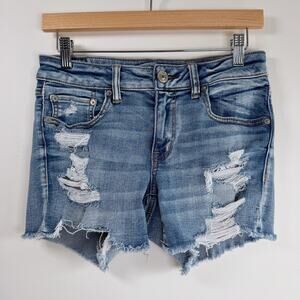 American Eagle Distressed Denim Cutoff Shorts Light Wash Raw Hem Crochet Size 6